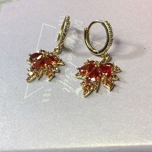 Yellow Gold Maple Leaf Zircon Earrings